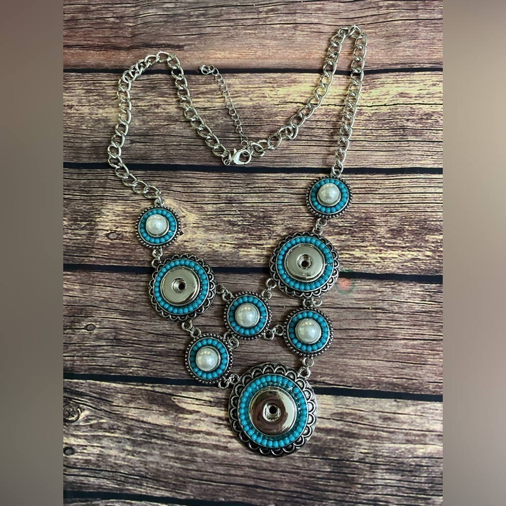 Turquoise Accent Multi Snap Charm Western Boho Style Statement Necklace